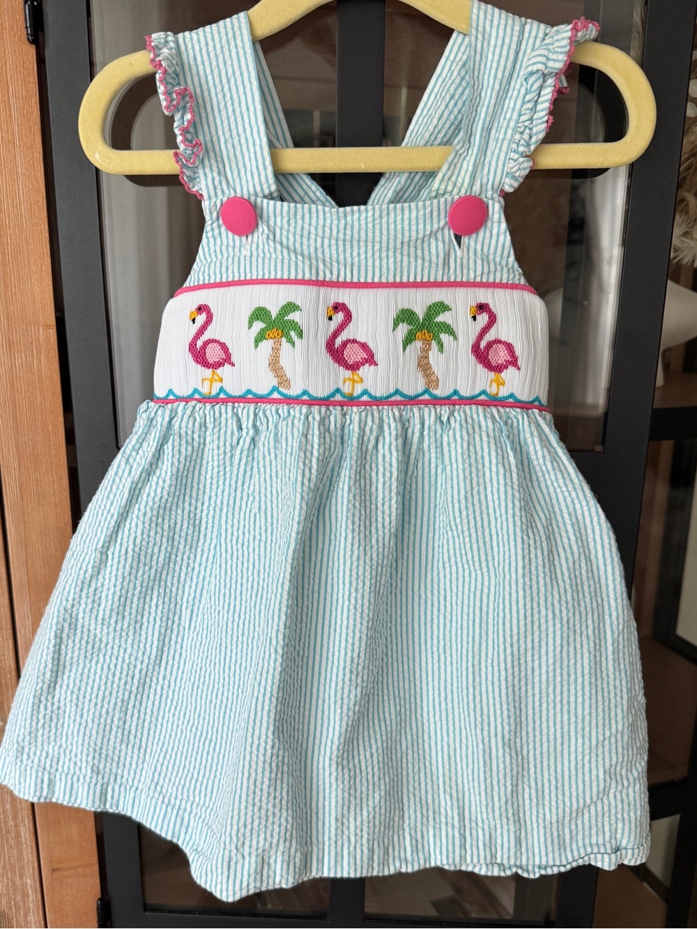 Summer smocked dress flamingoes palm trees seer sucker criss cross toddler girl